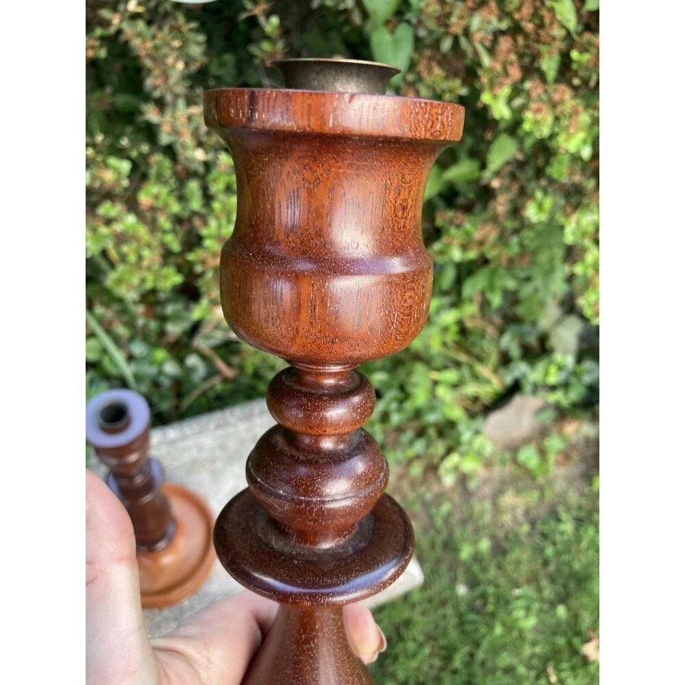 Vintage Hand Turned Wood Candlestick Taper Holders Brass Insert Fruitwood